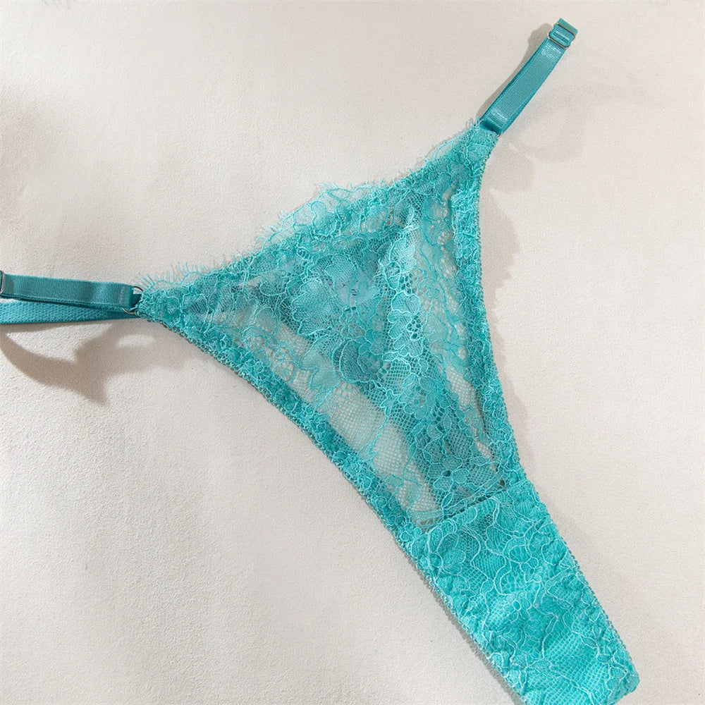 Krasapt Delicate Blue Lace Lingerie 4 Pcs Sets Fancy Mesh Patchwork Transparent Bras And Thongs Garter Suits Erotic Intimate Set - Cosmic Twink