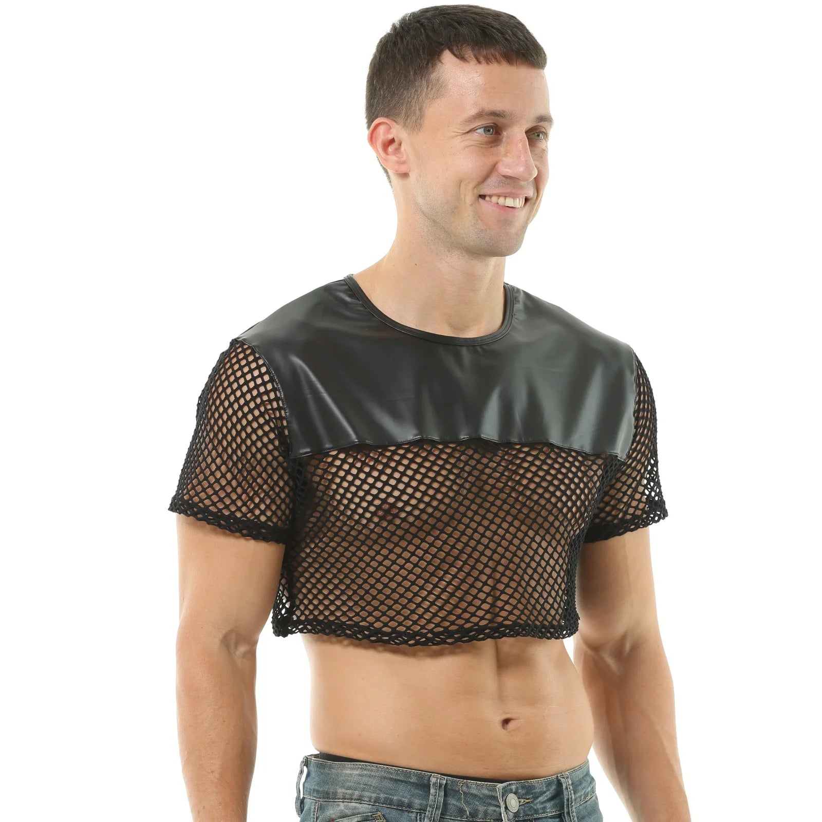 Mens Sexy Crop Tops PU Leather Mesh Lingerie Mini Vest Tanks Short Sleeve Muscle Clubwear Erotic Costume O-Neck - Cosmic Twink