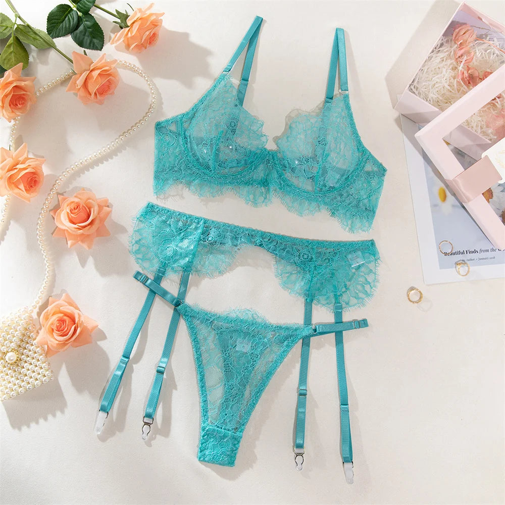 Krasapt Delicate Blue Lace Lingerie 4 Pcs Sets Fancy Mesh Patchwork Transparent Bras And Thongs Garter Suits Erotic Intimate Set - Cosmic Twink
