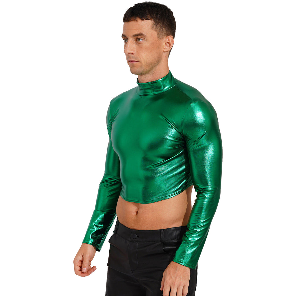 Men's Clothing Wet Look Faux Leather Vest Pole Dance Costume Metallic Mock Neck Crop Tank Top Gothic Punk Rave Party Clubwear - Cosmic Twink