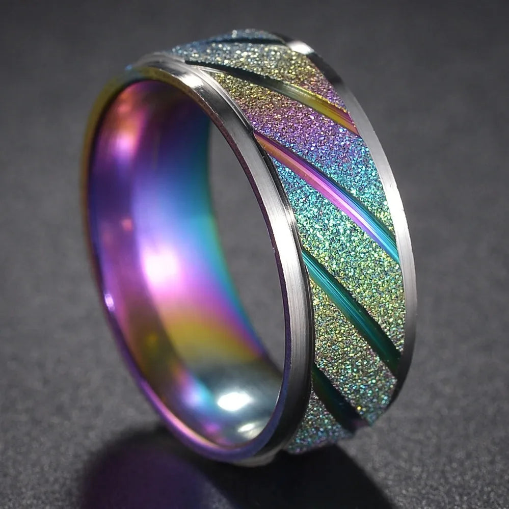 8MM Multicolor Rainbow Ring For Women Men LGBT Lebian Gay Jewelry Titanium Steel Wedding Engagement Rings Gifts Accessory - Cosmic Twink