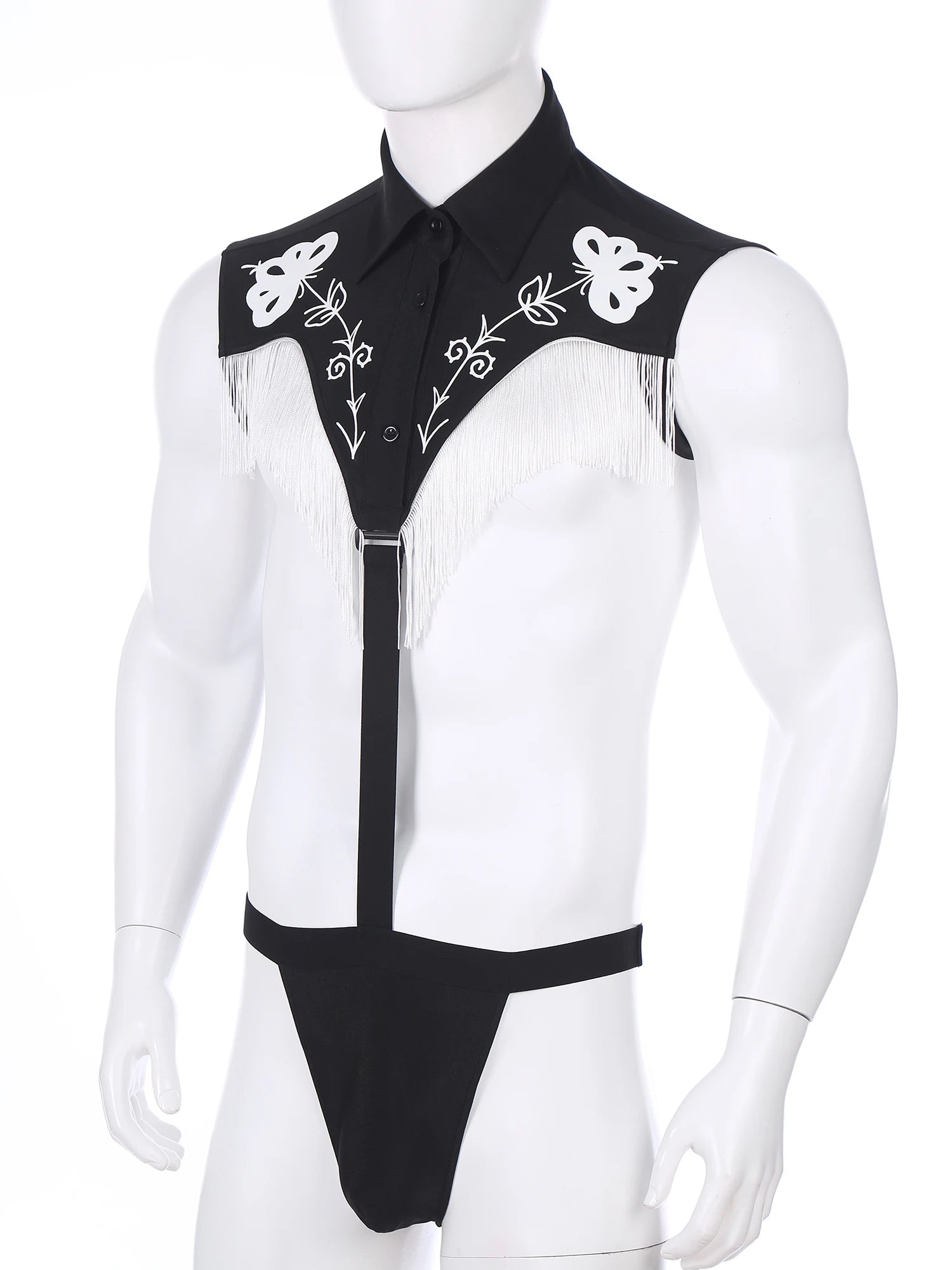 Mens Jockstrap Gay Lingerie Mini Bikini Thongs Bodysuit Underwear Sexy Western Cowboy Club Wear Printed Fringe Tassels Jumpsuit
