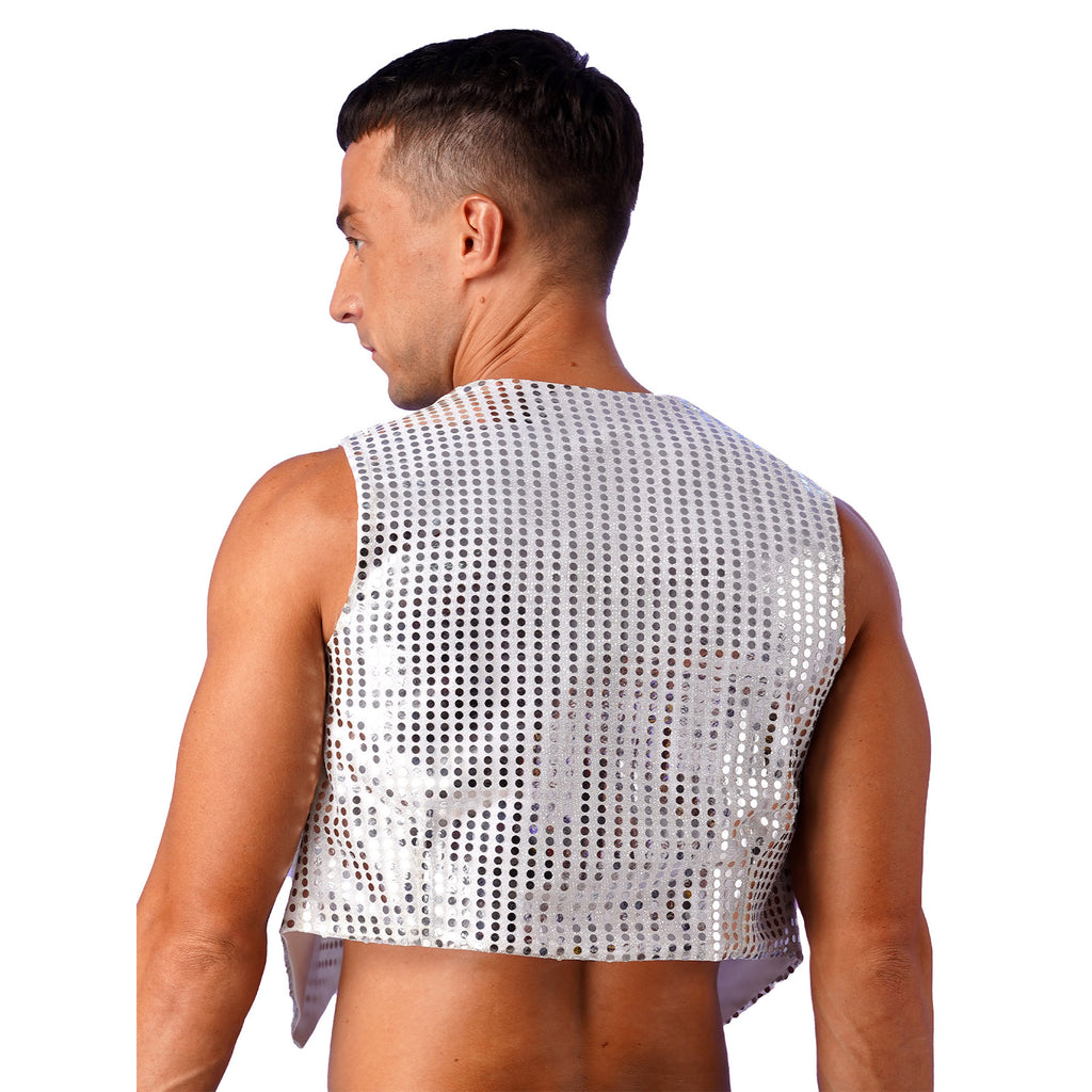 Mens Shiny Sequined Vest Tops V Neck Disco Irregular Hem Waistcoat Hiphop Jazz Dance Festival Rave Outfits Performance Costume - Cosmic Twink