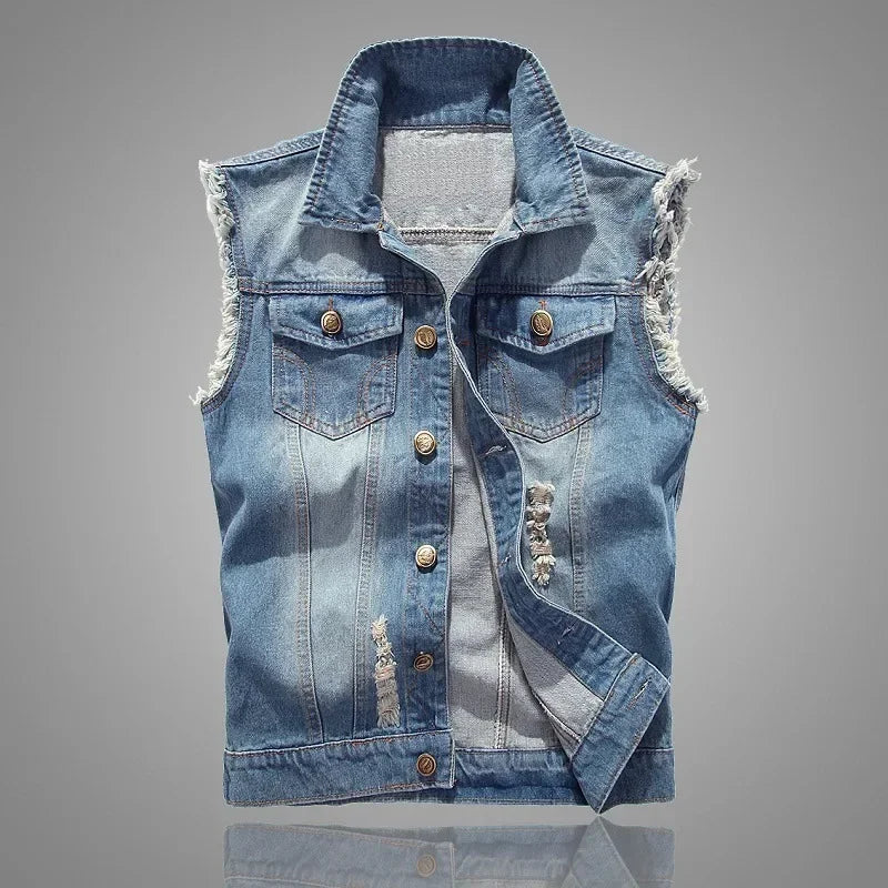 Summer Mens Ripped Denim Vest Male Tank Top Washed Jeans Waistcoat Man Retro Cowboy Hip Hop Sleeveless Jacket for Men - Cosmic Twink
