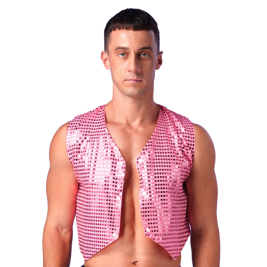 Mens Shiny Sequined Vest Tops V Neck Disco Irregular Hem Waistcoat Hiphop Jazz Dance Festival Rave Outfits Performance Costume - Cosmic Twink
