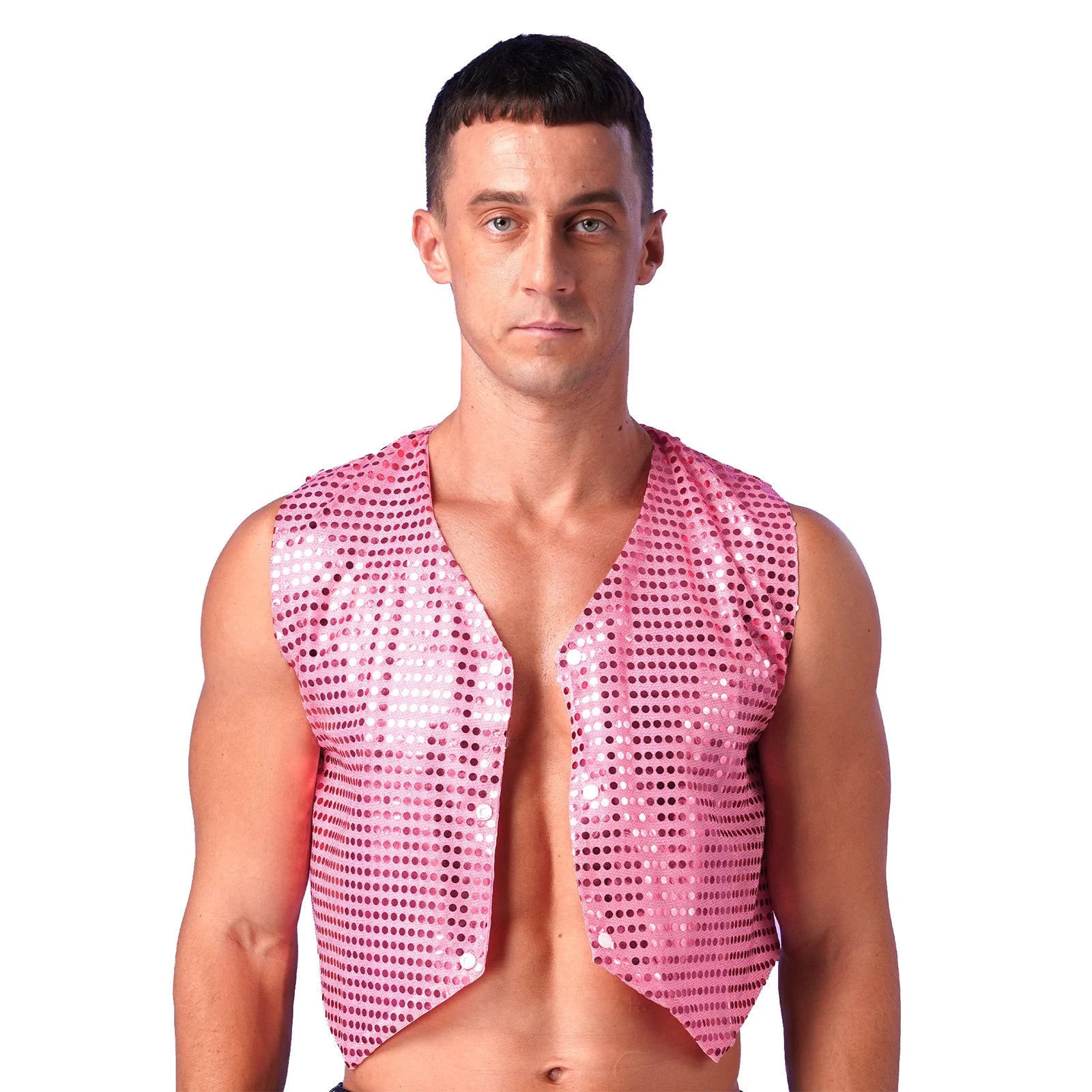 Mens Shiny Sequined Vest Tops V Neck Disco Irregular Hem Waistcoat Hiphop Jazz Dance Festival Rave Outfits Performance Costume - Cosmic Twink