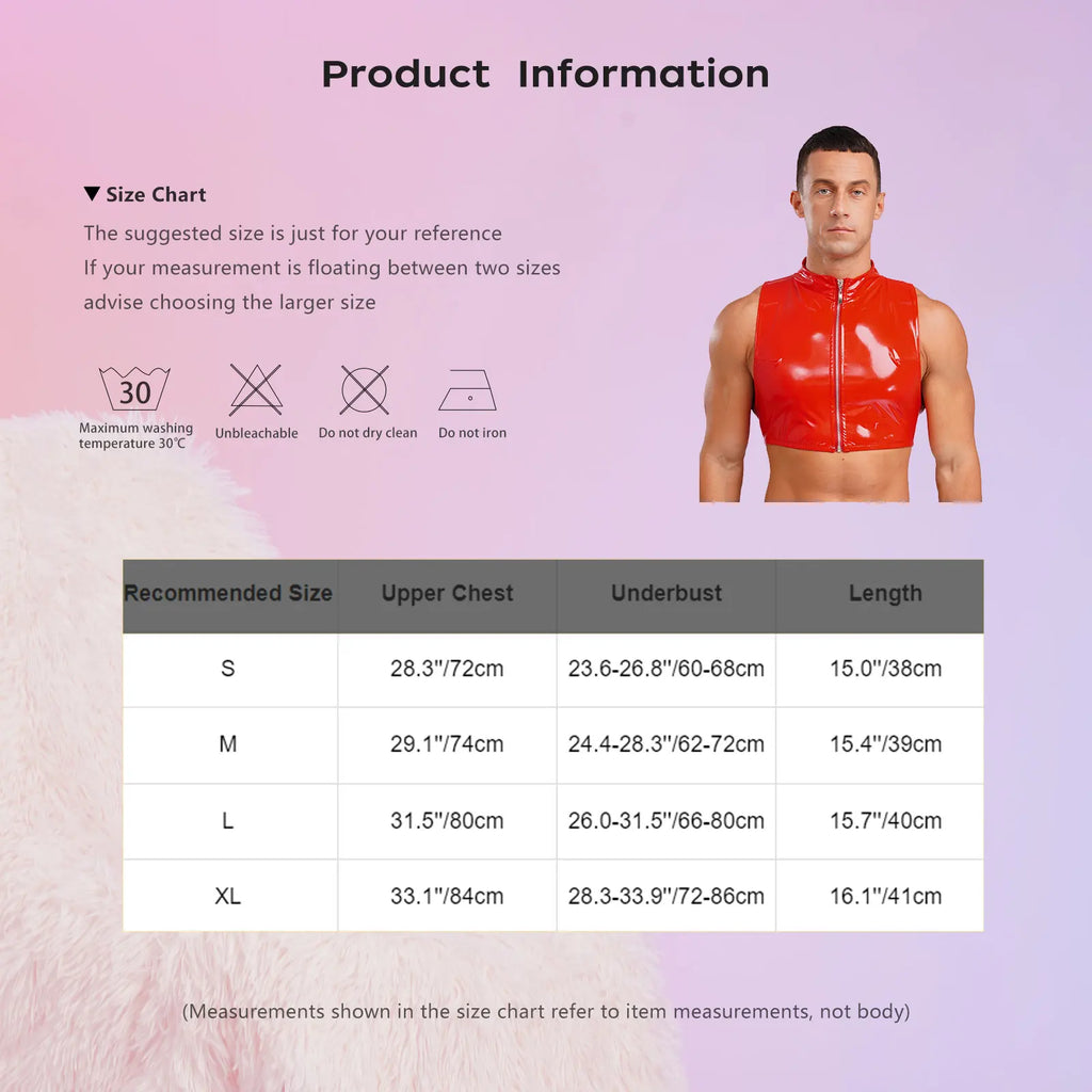 Men Wet Look Patent Leather Crop Tops Vest Sleeveless Zipper Tanks Top Camisole Nightclub Rave Party Dancing Clubwear Streetwear - Cosmic Twink