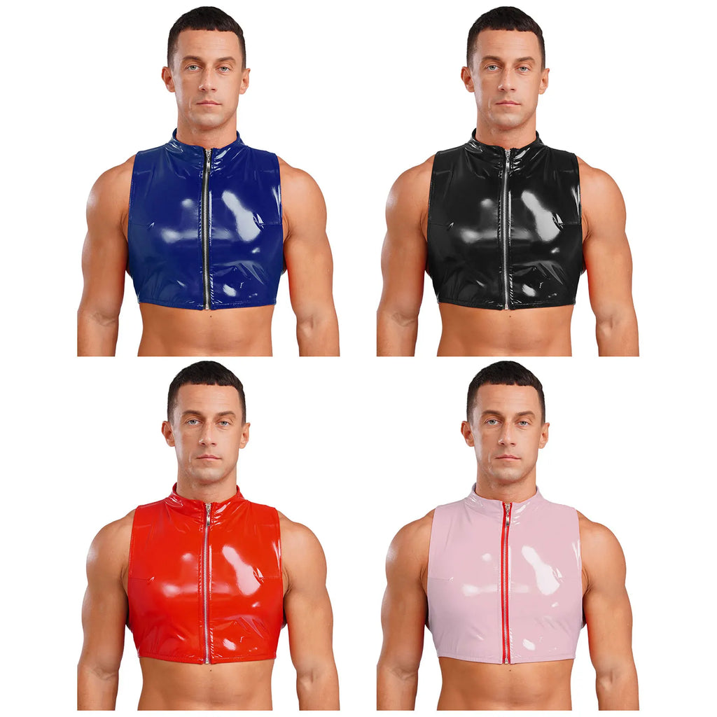 Men Wet Look Patent Leather Crop Tops Vest Sleeveless Zipper Tanks Top Camisole Nightclub Rave Party Dancing Clubwear Streetwear - Cosmic Twink