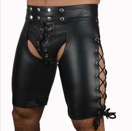 2022 Sexy Lingerie Gay Men Faux Leather Lace Up Pants New Hot Black Mens Latex PVC Bondage Open Cortch Shorts Gothic Fetish - Cosmic Twink