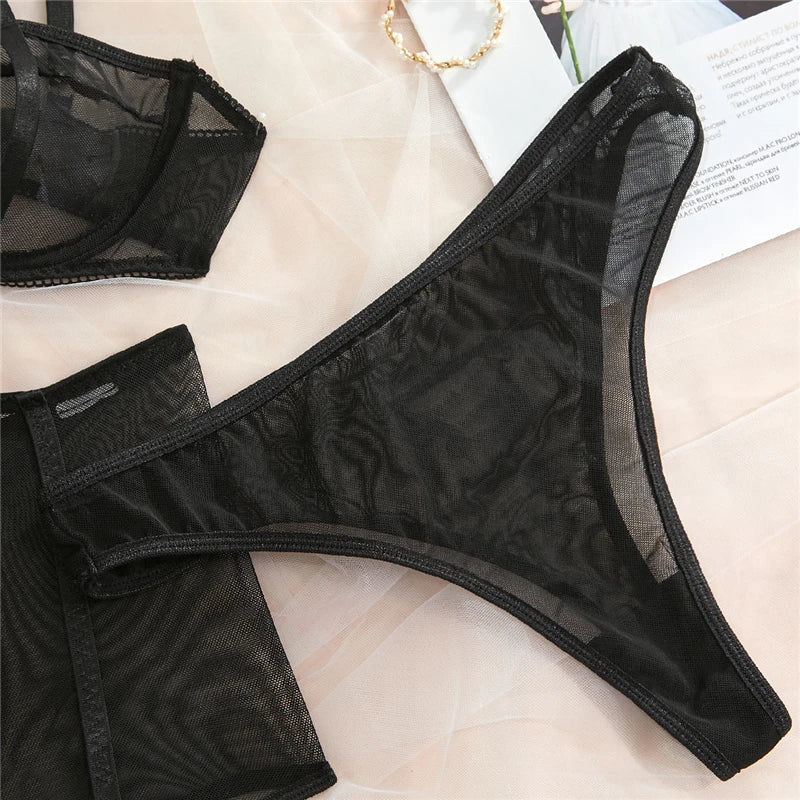 Plus Size Sensual Lingere Exotic Bandage Bra Garter Briefs Sets Transparent Intimate Hard Woman Luxury Fancy Underwear Bra Set - Cosmic Twink