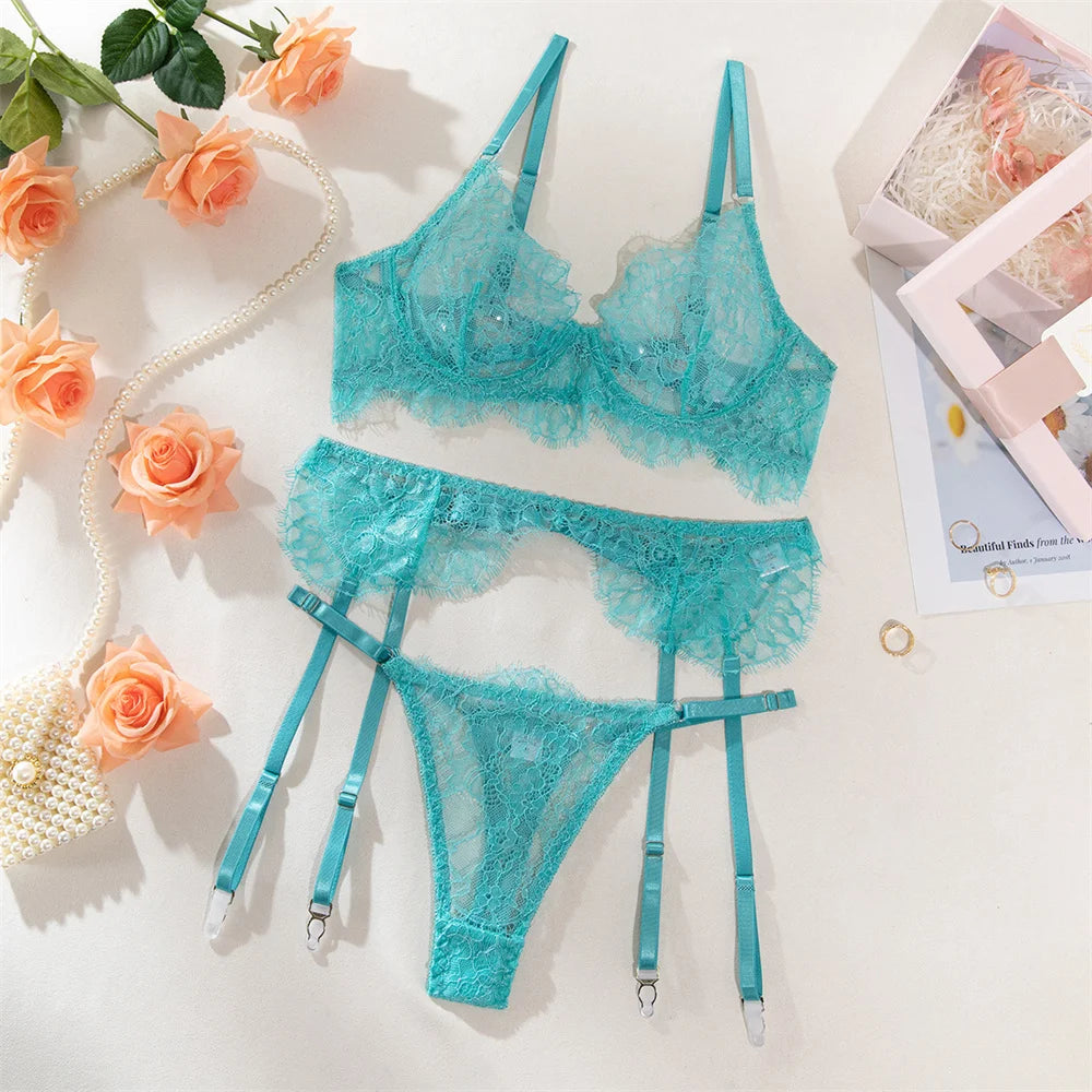 Krasapt Delicate Blue Lace Lingerie 4 Pcs Sets Fancy Mesh Patchwork Transparent Bras And Thongs Garter Suits Erotic Intimate Set - Cosmic Twink