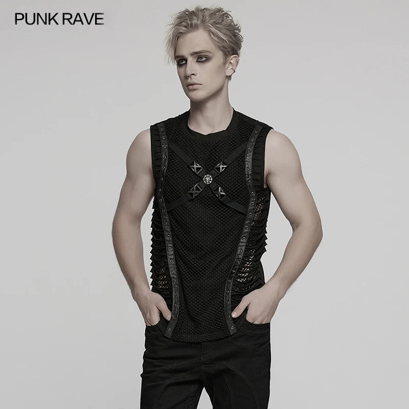 PUNK RAVE Men's Punk Cut Features Mesh Vest Novel Style Personality Cool Handsome Dark Tops Tees Men Clothing - Cosmic Twink