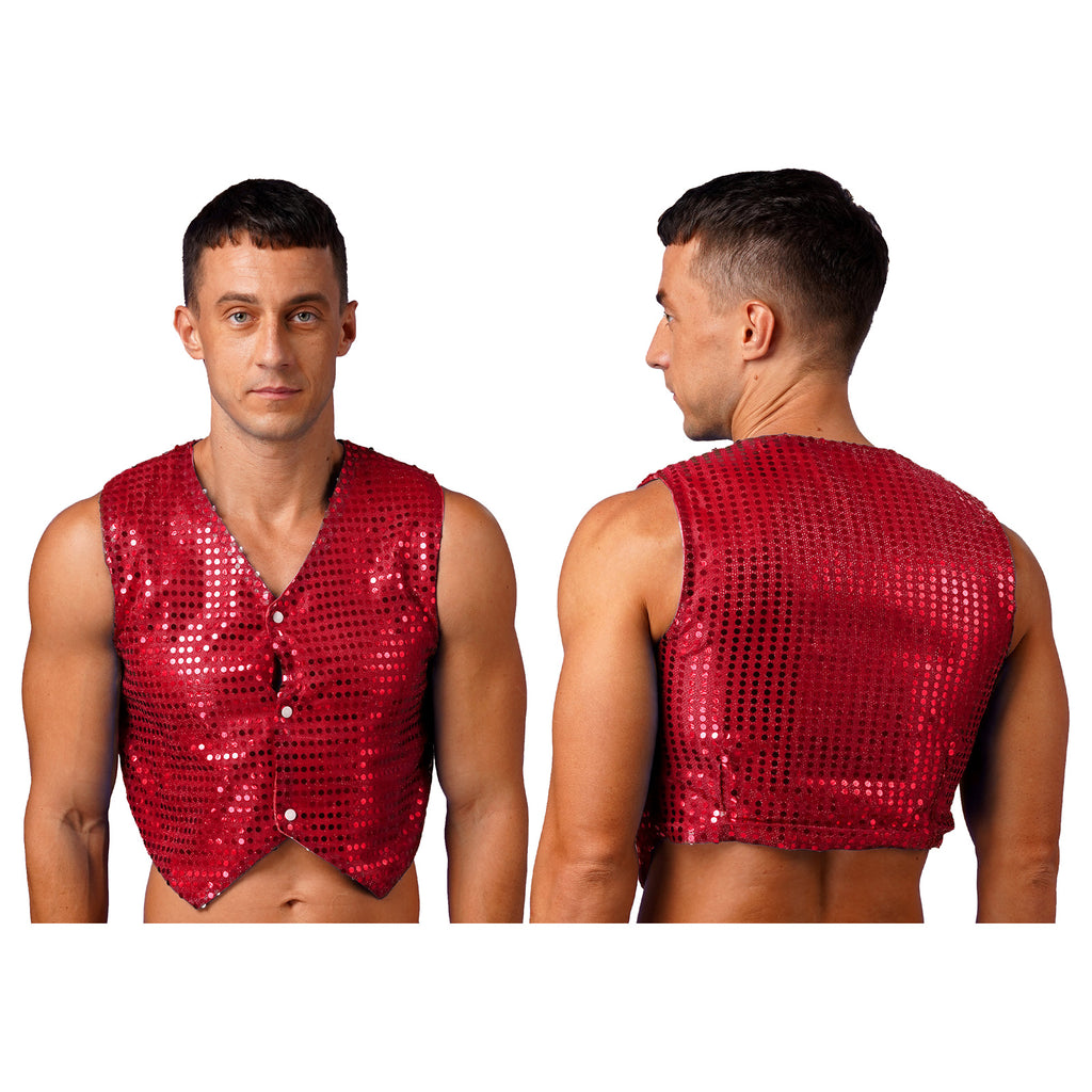 Mens Shiny Sequined Vest Tops V Neck Disco Irregular Hem Waistcoat Hiphop Jazz Dance Festival Rave Outfits Performance Costume - Cosmic Twink