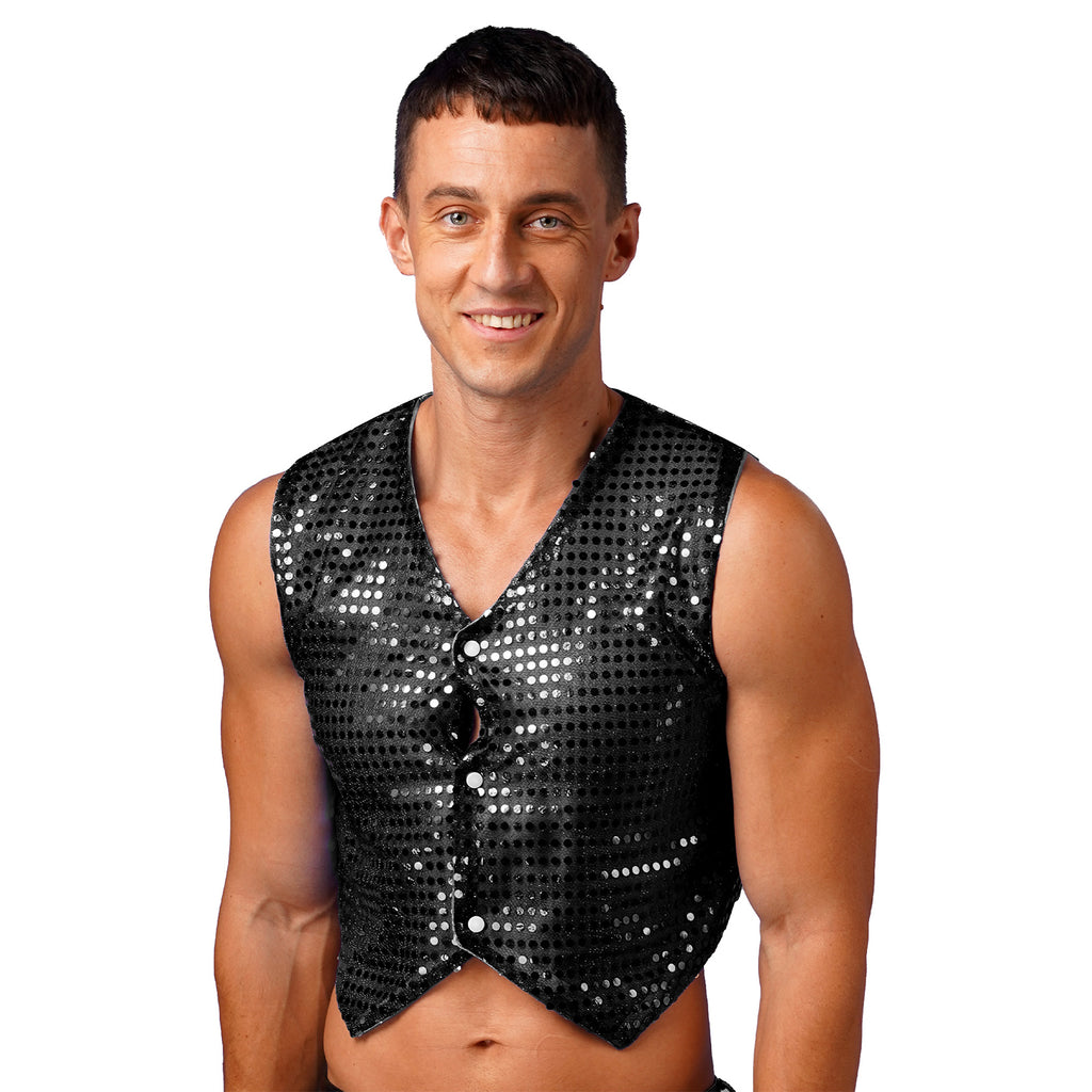 Mens Shiny Sequined Vest Tops V Neck Disco Irregular Hem Waistcoat Hiphop Jazz Dance Festival Rave Outfits Performance Costume - Cosmic Twink