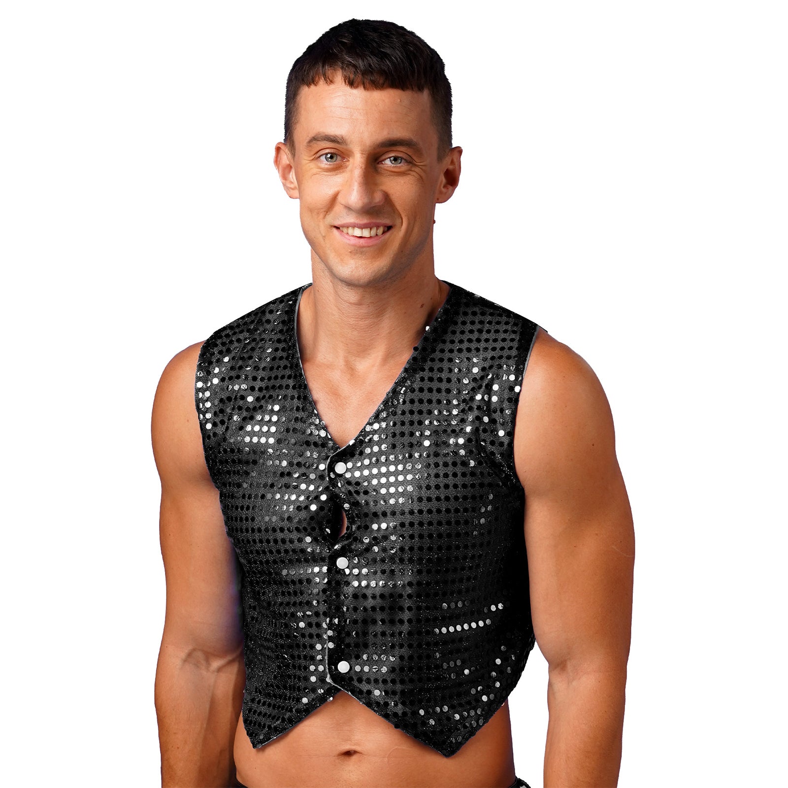 Mens Shiny Sequined Vest Tops V Neck Disco Irregular Hem Waistcoat Hiphop Jazz Dance Festival Rave Outfits Performance Costume - Cosmic Twink