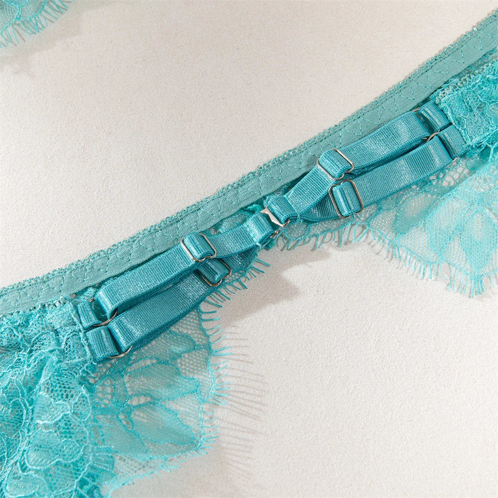Krasapt Delicate Blue Lace Lingerie 4 Pcs Sets Fancy Mesh Patchwork Transparent Bras And Thongs Garter Suits Erotic Intimate Set - Cosmic Twink