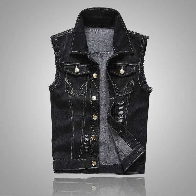 Summer Mens Ripped Denim Vest Male Tank Top Washed Jeans Waistcoat Man Retro Cowboy Hip Hop Sleeveless Jacket for Men - Cosmic Twink