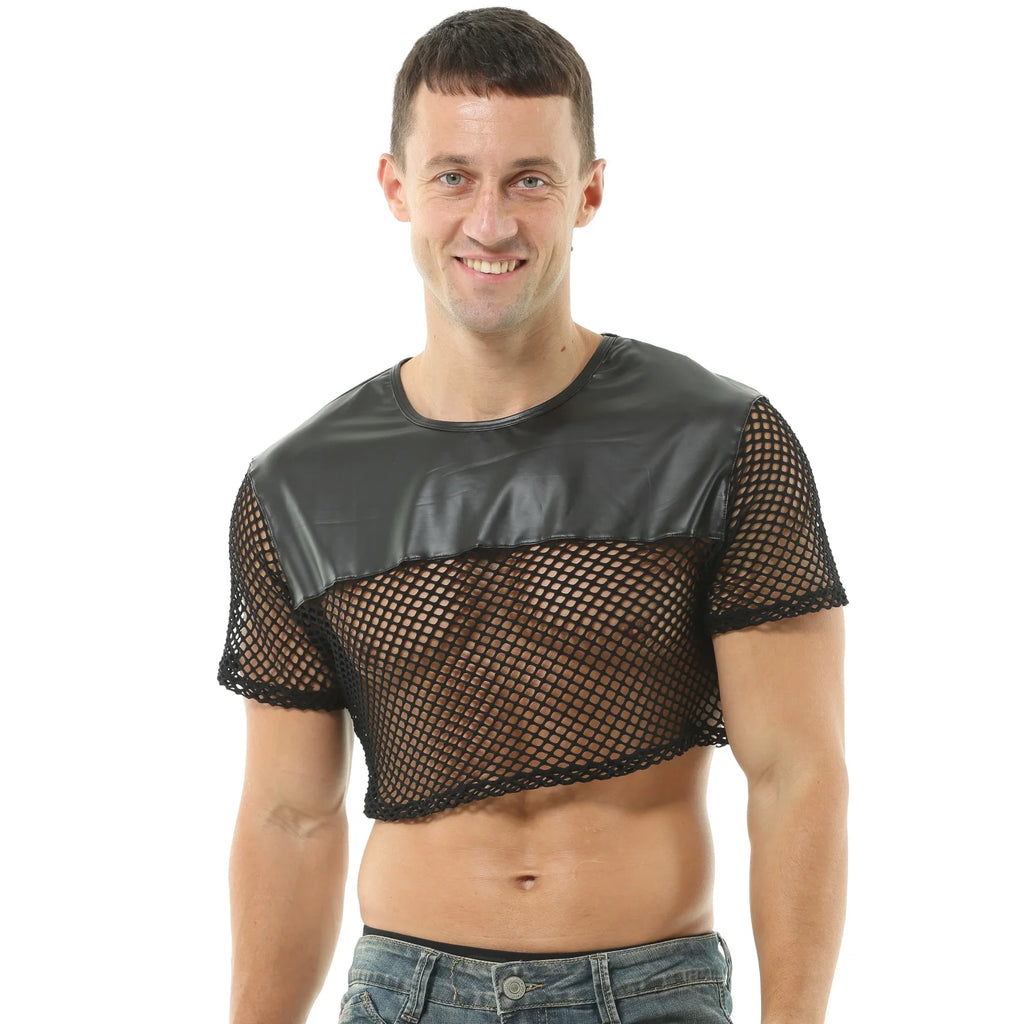 Mens Sexy Crop Tops PU Leather Mesh Lingerie Mini Vest Tanks Short Sleeve Muscle Clubwear Erotic Costume O-Neck - Cosmic Twink