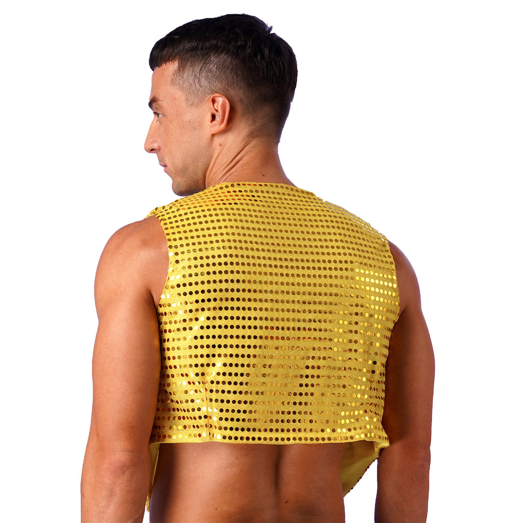 Mens Shiny Sequined Vest Tops V Neck Disco Irregular Hem Waistcoat Hiphop Jazz Dance Festival Rave Outfits Performance Costume - Cosmic Twink