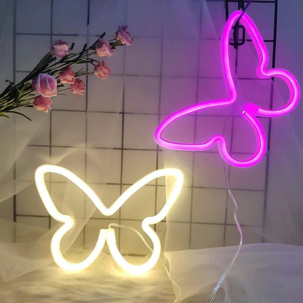 Butterfly Neon Sign USB/Battery Powered Cat LED Neon Light Skull Neon Lamp Wall Art Decor for Home Bedroom Birthday Gift Wedding - Cosmic Twink