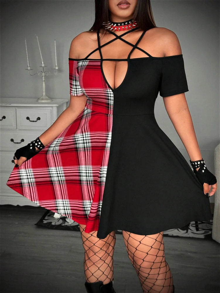Plus Size Rave Coachella Women's Casual Punk Black and Red Plaid Clashing One Shoulder V-Neck Waisted A-Swing Dress - Cosmic Twink
