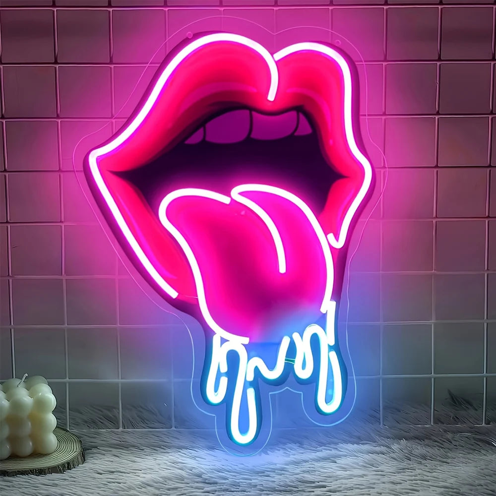 Playful Lips LED Neon Sign | USB-Powered Vibrant Wall Decor for Bar, Bedroom & Gaming Room | Non-Provocative Party Lighting for - Cosmic Twink