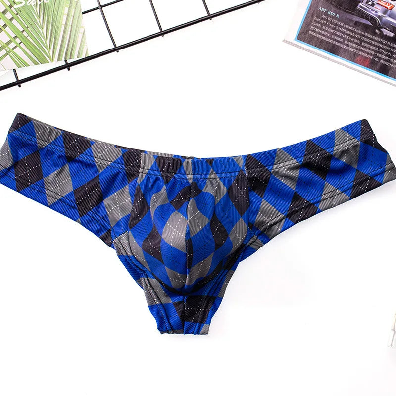 Underwear Men Plaid Printing Ice Silk Threaded Panties Low-Waist Panties Sexy Breathable U Convex Pouch Lingerie Underpants - Cosmic Twink