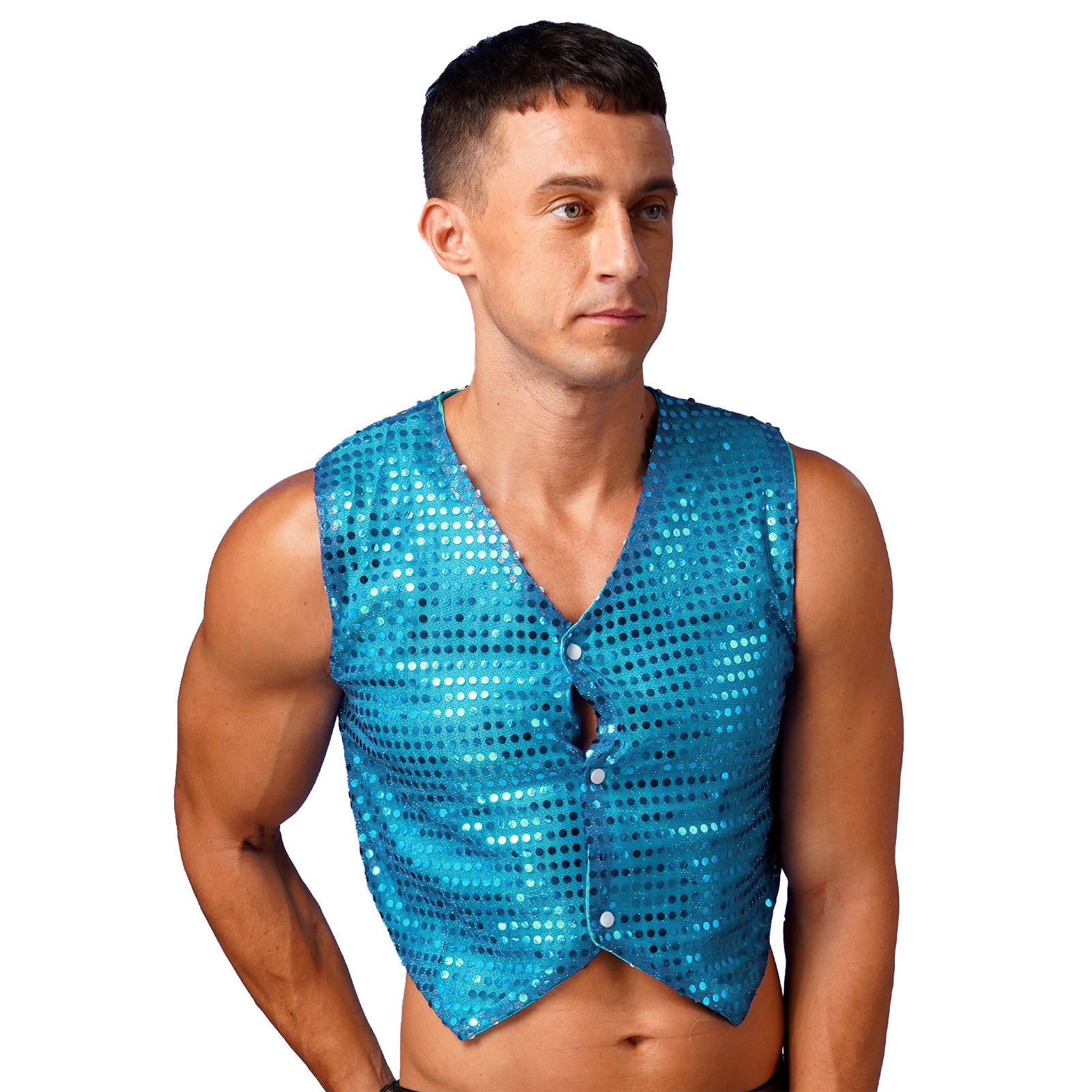 Mens Shiny Sequined Vest Tops V Neck Disco Irregular Hem Waistcoat Hiphop Jazz Dance Festival Rave Outfits Performance Costume - Cosmic Twink