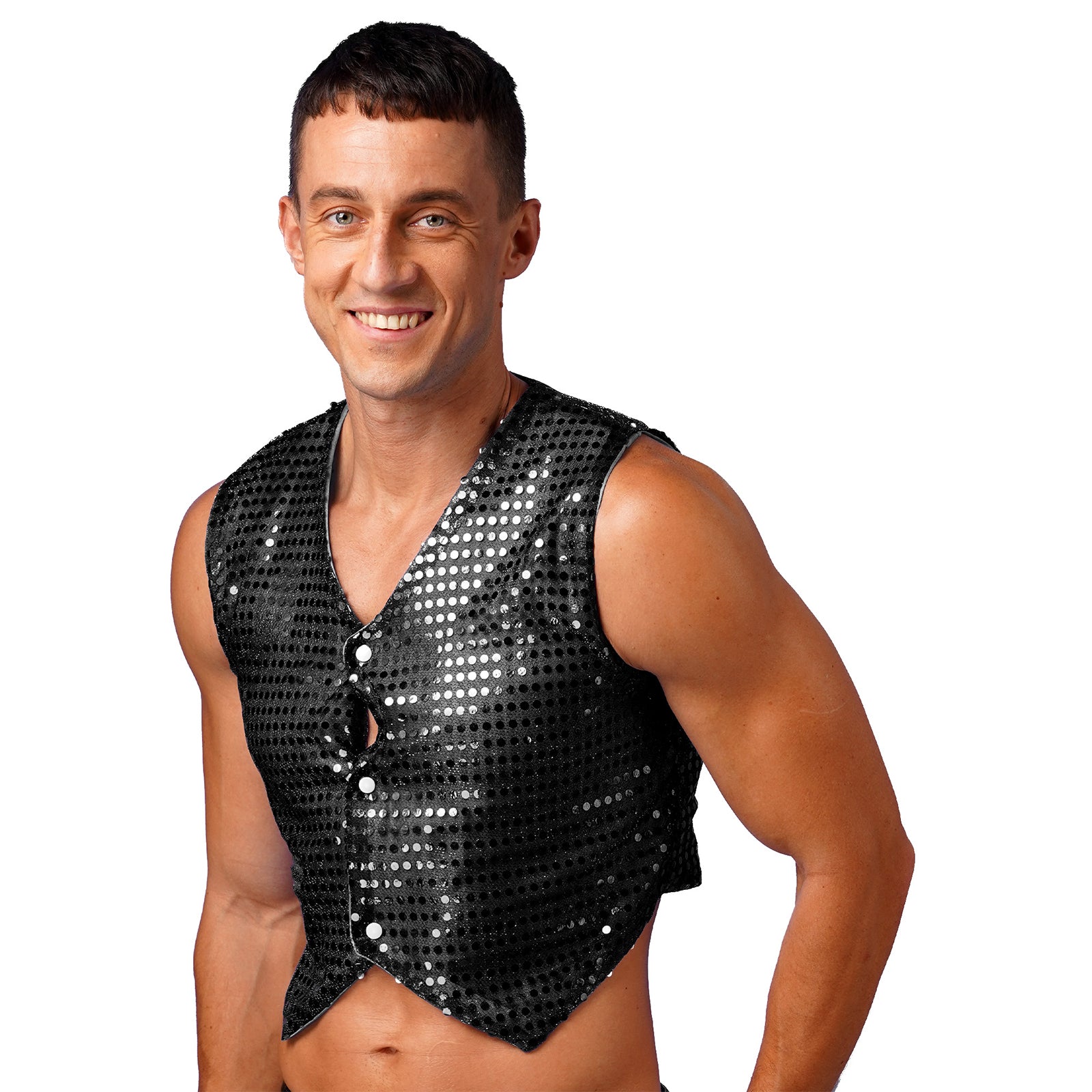 Mens Shiny Sequined Vest Tops V Neck Disco Irregular Hem Waistcoat Hiphop Jazz Dance Festival Rave Outfits Performance Costume - Cosmic Twink