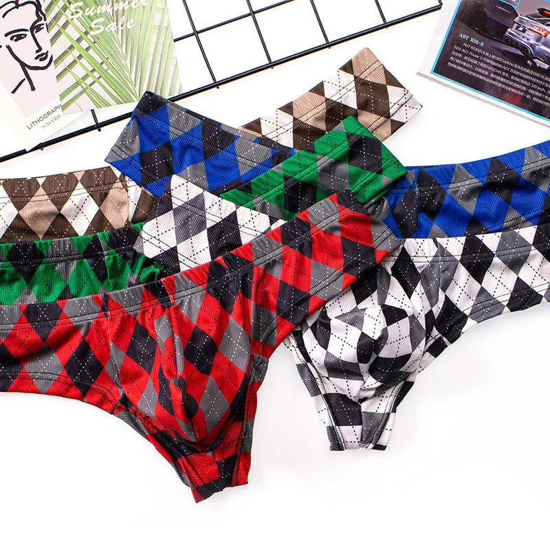 Underwear Men Plaid Printing Ice Silk Threaded Panties Low-Waist Panties Sexy Breathable U Convex Pouch Lingerie Underpants - Cosmic Twink