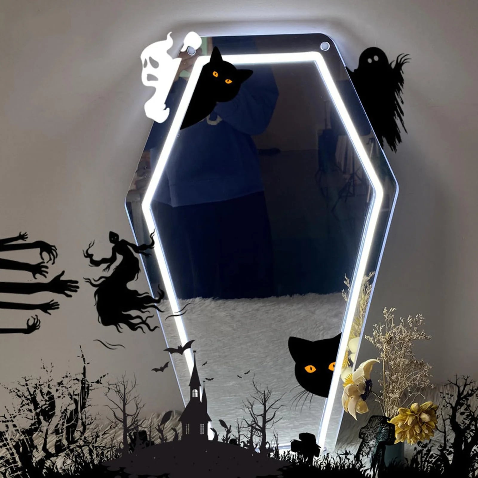 Mirror neon lights in the coffin. USB powered with dimmable switches for bedroom, studio and holiday party arrangements. - Cosmic Twink