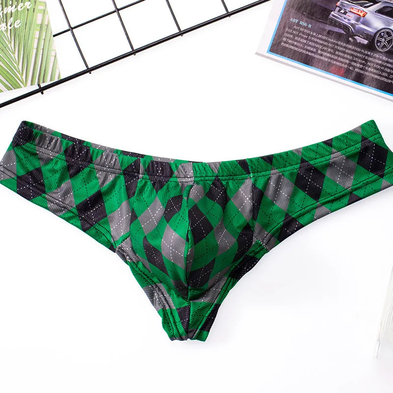 Underwear Men Plaid Printing Ice Silk Threaded Panties Low-Waist Panties Sexy Breathable U Convex Pouch Lingerie Underpants - Cosmic Twink