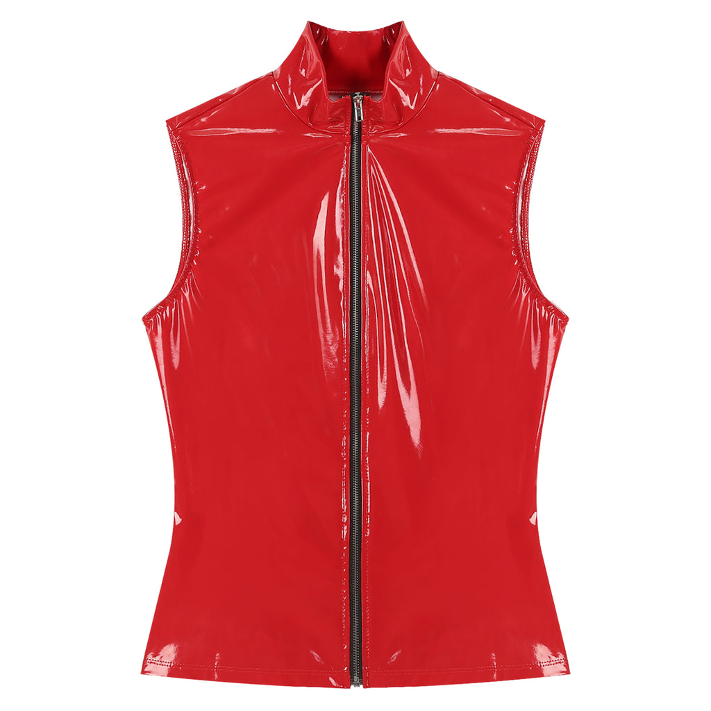 Men Wet Look Patent Leather Jacket Vest Tops Sleeveless Stand Collar Zipper Punk Tank Top Nightclub Festival Rave Party Clubwear - Cosmic Twink