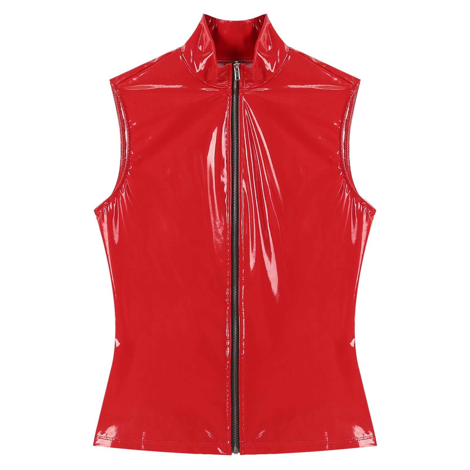 Men Wet Look Patent Leather Jacket Vest Tops Sleeveless Stand Collar Zipper Punk Tank Top Nightclub Festival Rave Party Clubwear - Cosmic Twink