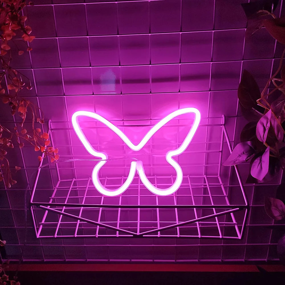 Butterfly Neon Sign USB/Battery Powered Cat LED Neon Light Skull Neon Lamp Wall Art Decor for Home Bedroom Birthday Gift Wedding - Cosmic Twink