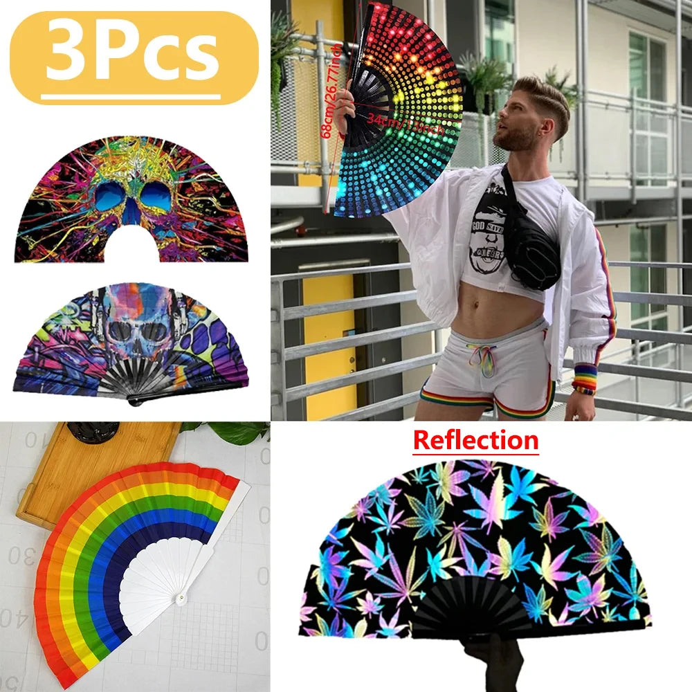 1-3Pcs Large Chinese Rave Folding Hand Fan Rainbow Fan Wedding Dance Kung Fu Fan for Art Craft Gift Festival Party Home Decor - Cosmic Twink
