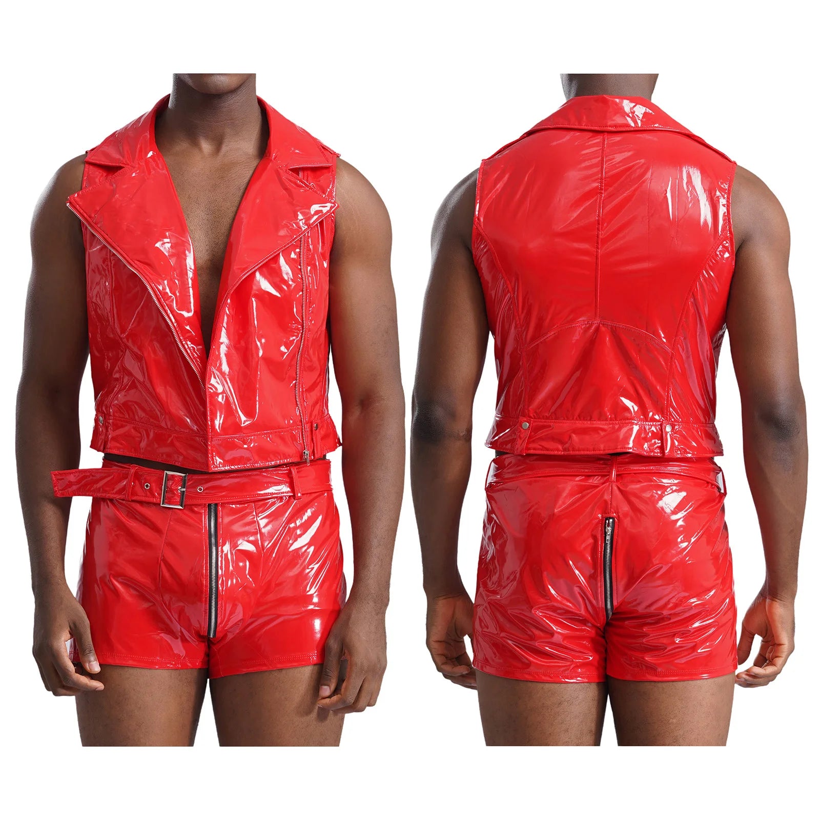 Men Pole Dancing Performance Outfit Wet Look Patent Leather Zipper Tank Top with Boxer Shorts Belt Rave Party Nightclub Clubwear - Cosmic Twink