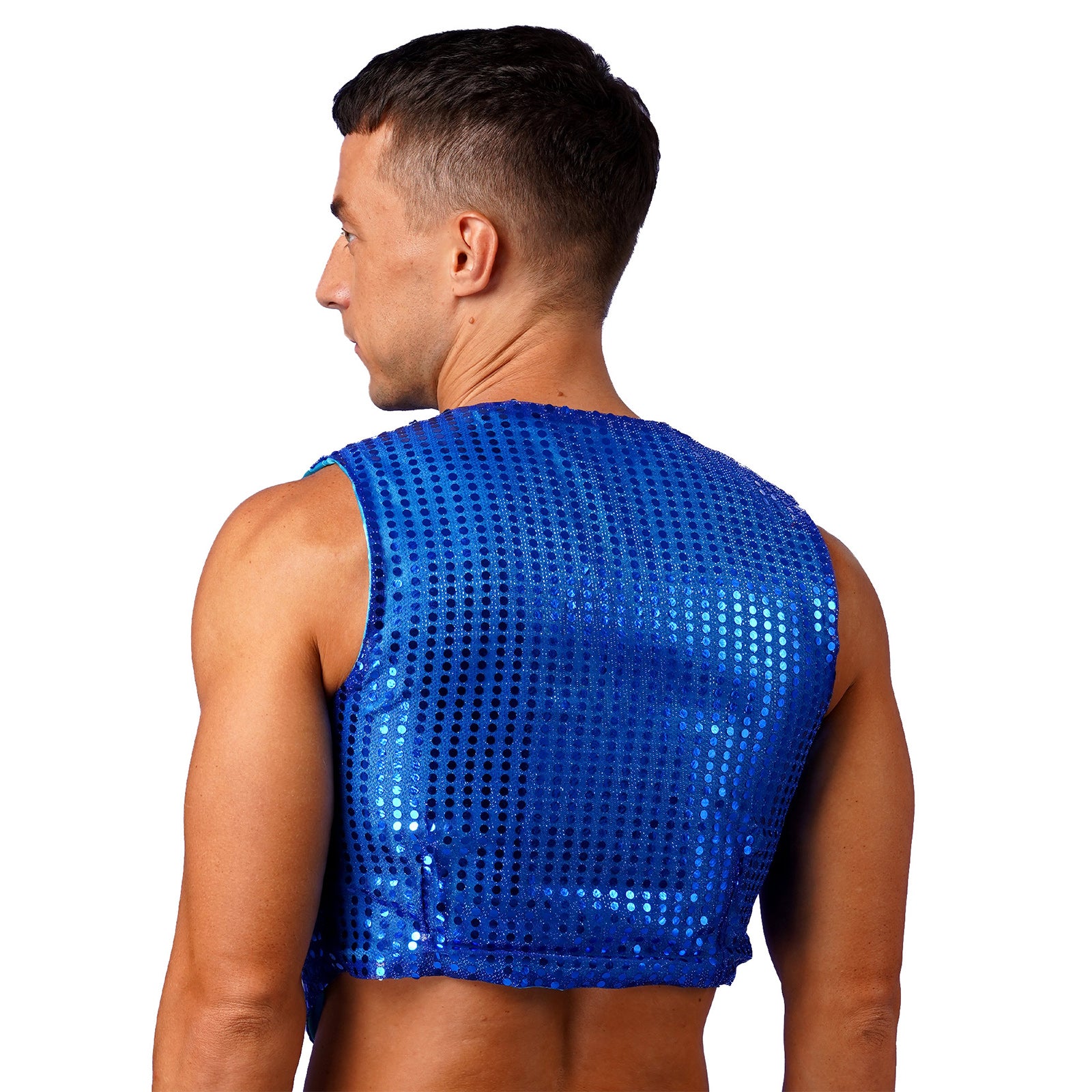 Mens Shiny Sequined Vest Tops V Neck Disco Irregular Hem Waistcoat Hiphop Jazz Dance Festival Rave Outfits Performance Costume - Cosmic Twink