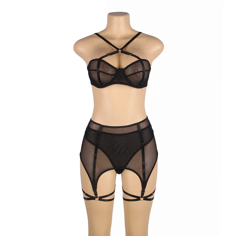 Plus Size Sensual Lingere Exotic Bandage Bra Garter Briefs Sets Transparent Intimate Hard Woman Luxury Fancy Underwear Bra Set - Cosmic Twink