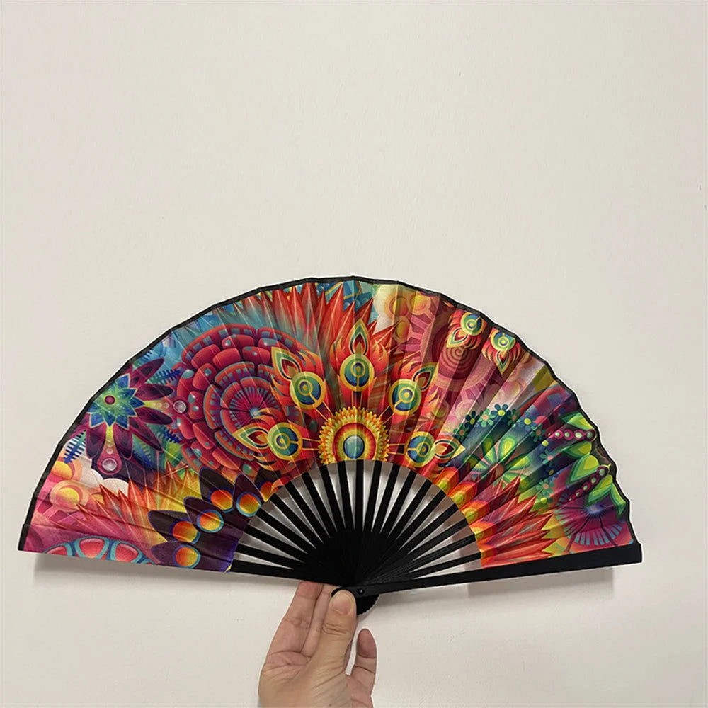 2024 Bamboo Bone Folding Fan Colorful Rave Fans Vibrant Bamboo Hand Fans for Festival Dancing Parties Decorative Gifts for Men - Cosmic Twink