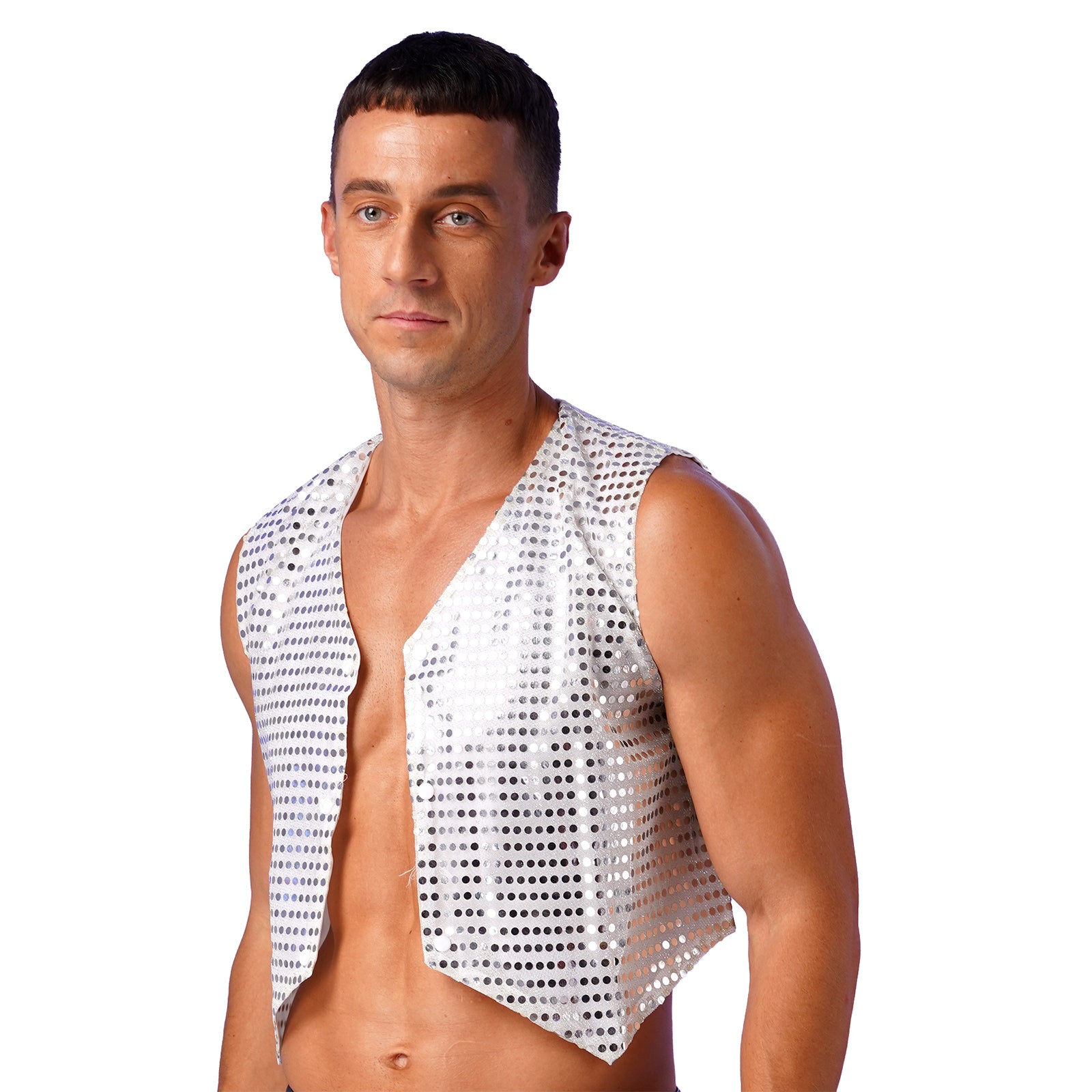 Mens Shiny Sequined Vest Tops V Neck Disco Irregular Hem Waistcoat Hiphop Jazz Dance Festival Rave Outfits Performance Costume - Cosmic Twink