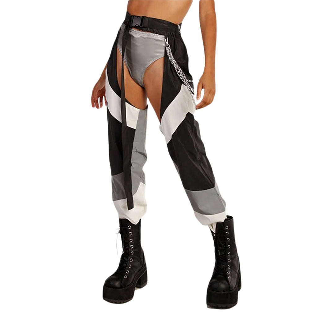Women's Rave Chaps Ladies Sexy Hollow Out Patchwork/ Solid Loose Fit Buckle Trousers for Club Wear Bottomless Festival Pants - Cosmic Twink