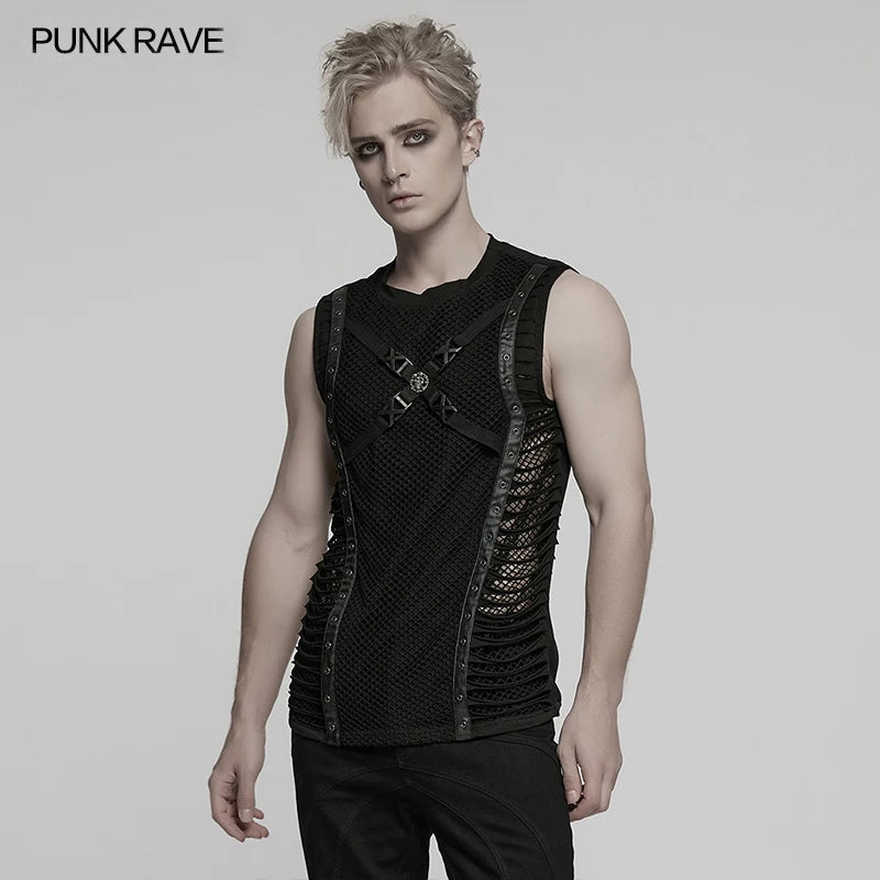 PUNK RAVE Men's Punk Cut Features Mesh Vest Novel Style Personality Cool Handsome Dark Tops Tees Men Clothing - Cosmic Twink