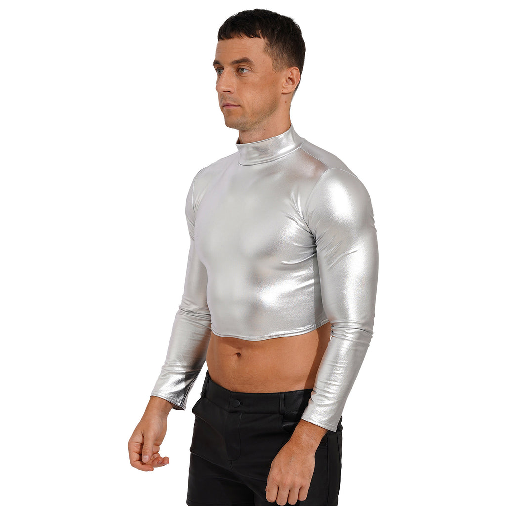 Men's Clothing Wet Look Faux Leather Vest Pole Dance Costume Metallic Mock Neck Crop Tank Top Gothic Punk Rave Party Clubwear - Cosmic Twink