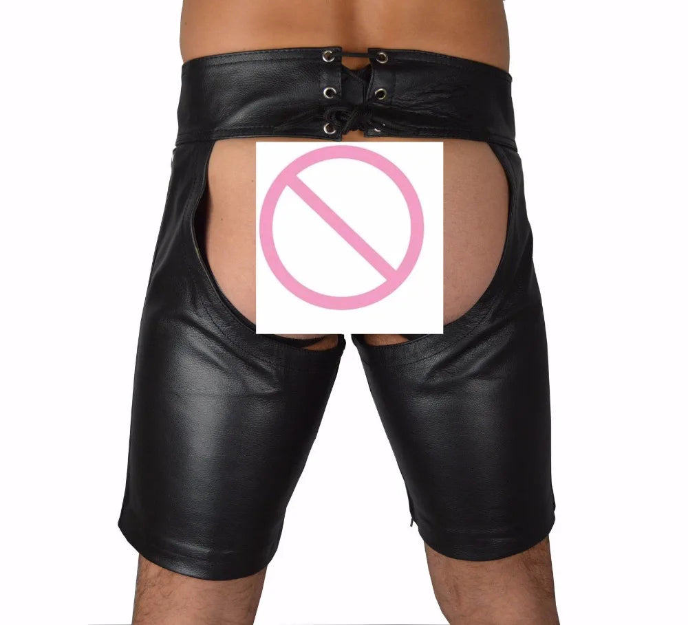 2022 Sexy Lingerie Gay Men Faux Leather Lace Up Pants New Hot Black Mens Latex PVC Bondage Open Cortch Shorts Gothic Fetish - Cosmic Twink