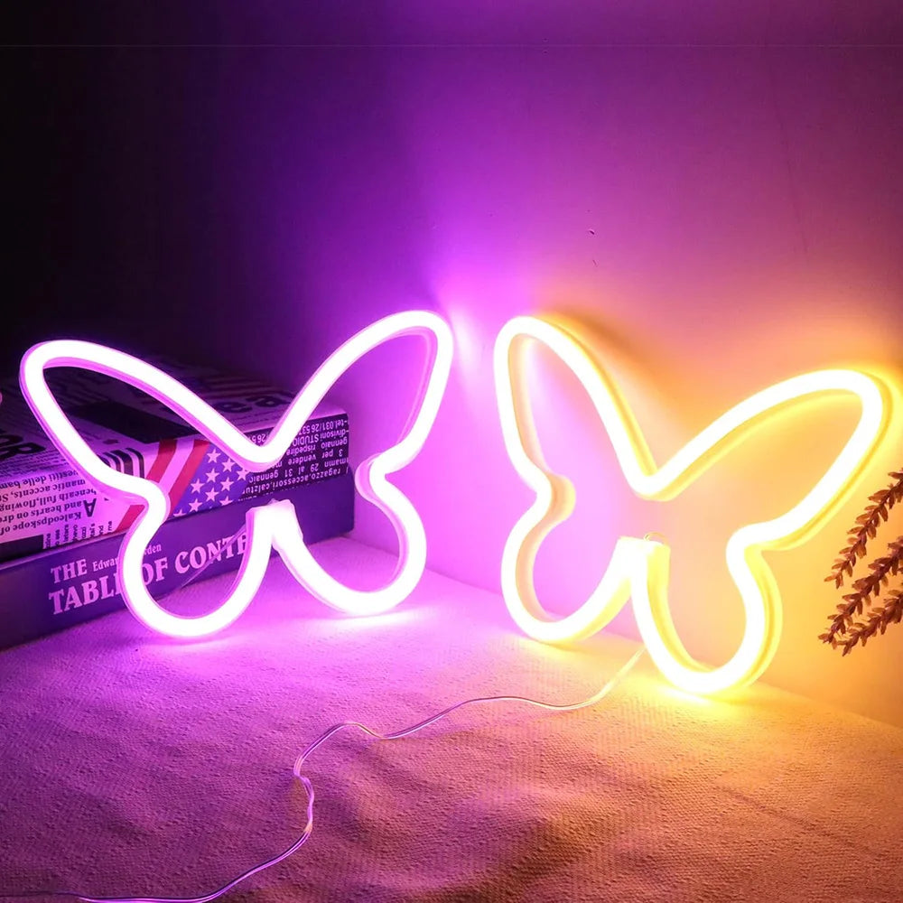 Butterfly Neon Sign USB/Battery Powered Cat LED Neon Light Skull Neon Lamp Wall Art Decor for Home Bedroom Birthday Gift Wedding - Cosmic Twink