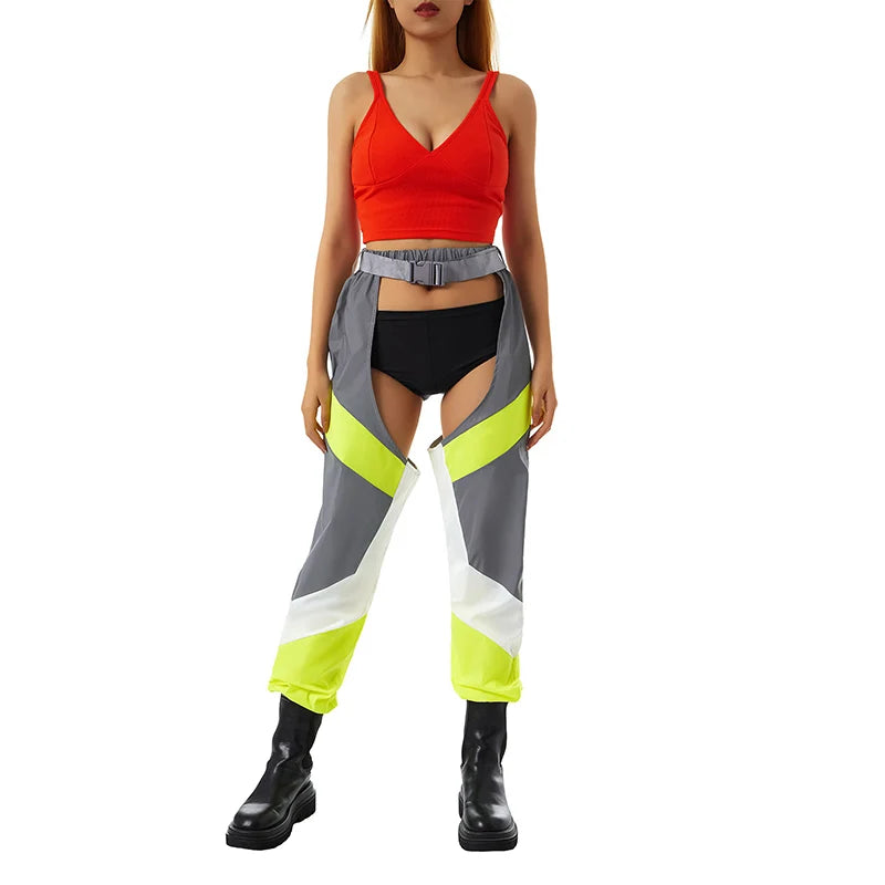 Women's Rave Chaps Ladies Sexy Hollow Out Patchwork/ Solid Loose Fit Buckle Trousers for Club Wear Bottomless Festival Pants - Cosmic Twink