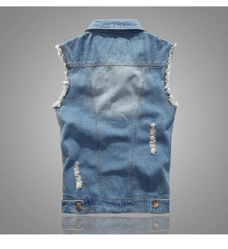 Summer Mens Ripped Denim Vest Male Tank Top Washed Jeans Waistcoat Man Retro Cowboy Hip Hop Sleeveless Jacket for Men - Cosmic Twink