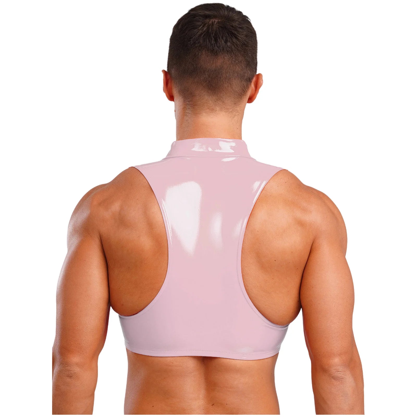 Men Wet Look Patent Leather Crop Tops Vest Sleeveless Zipper Tanks Top Camisole Nightclub Rave Party Dancing Clubwear Streetwear - Cosmic Twink