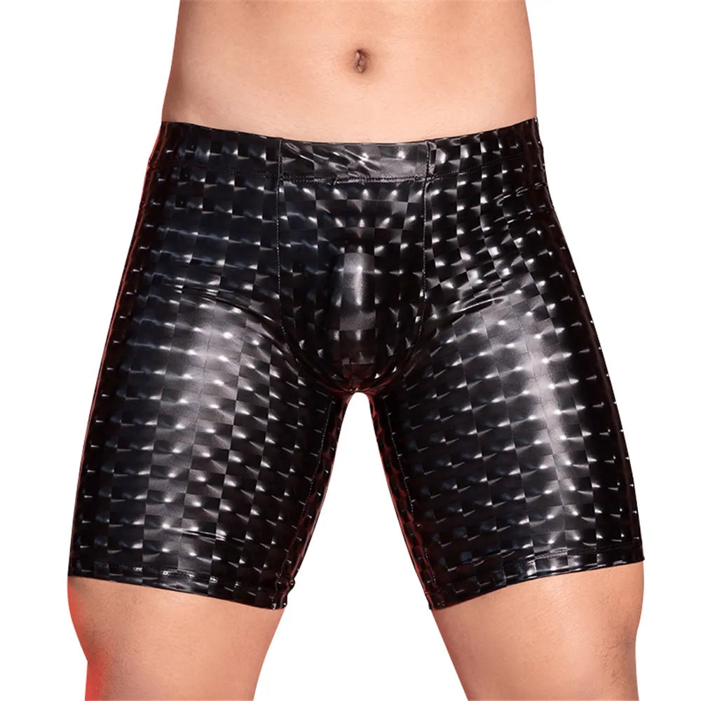 Sexy Men PU Faux Leather Leopard Print Short Pants U Bulge Pouch Pants Shorts Gym Boxer Wetlook Gay Wear Erotic Club Wear - Cosmic Twink